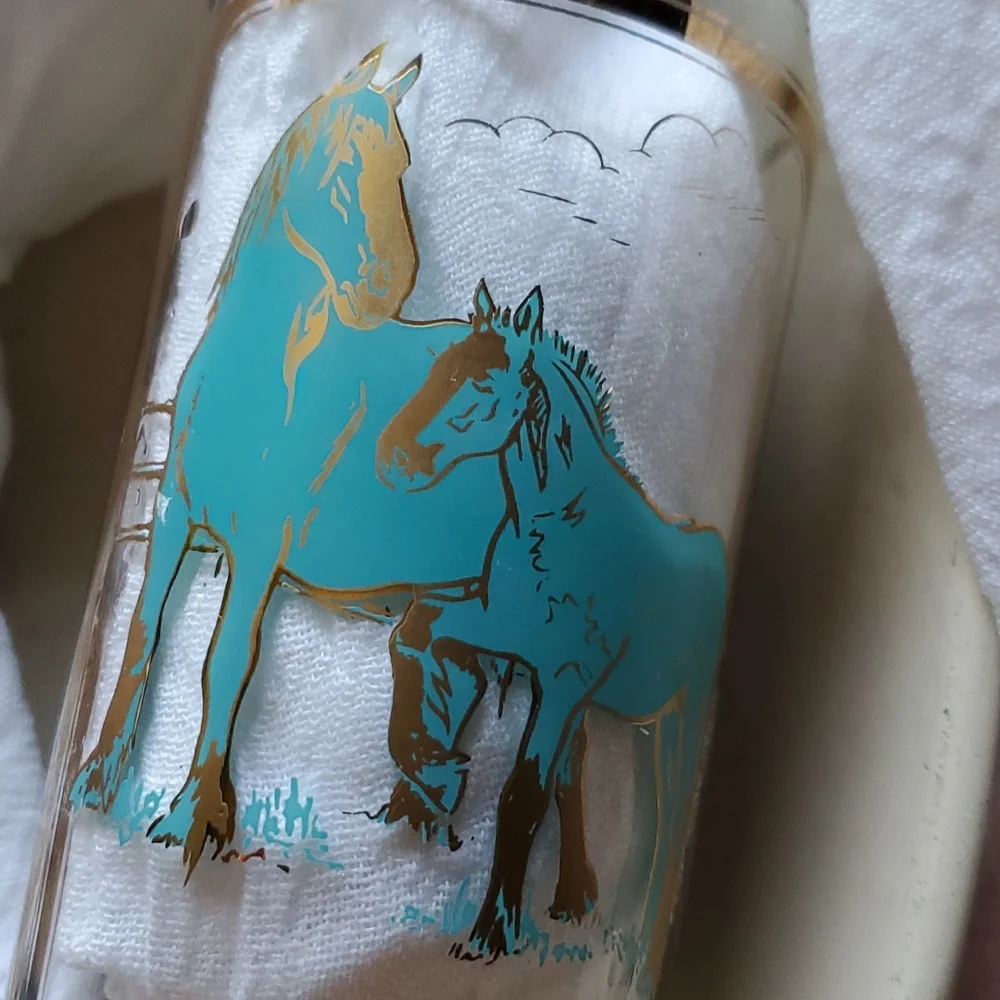 Vintage Busch Woodlands Clydesdale Horses Gold + Aqua Drinking Glass